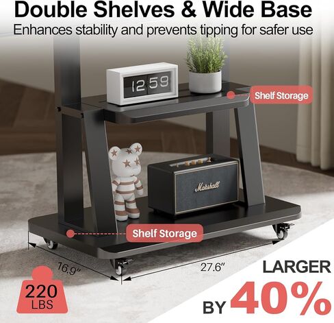 حامل تلفزيون متحرك لعربة التلفزيون المحمولة لشاشات مسطحة أو منحنية مقاس 32 إلى 75 بوصة، حامل تلفزيون قابل للتعديل لعربة التلفزيون المحمولة مع رف AV ورف الكاميرا يتحمل ما يصل إلى 220 رطلًا بحد أقصى VESA 600x400 مم in Kuwait