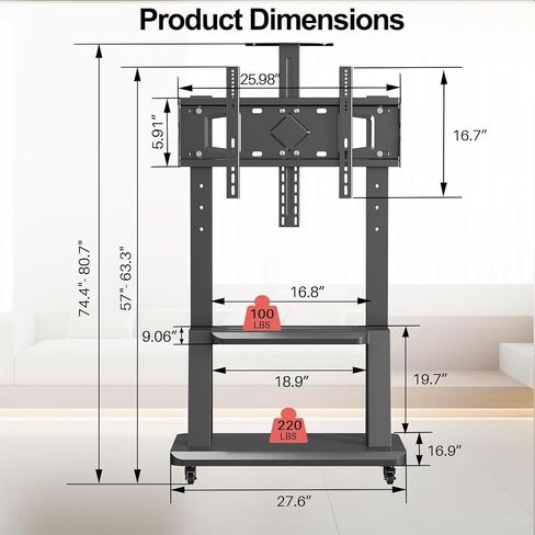 حامل تلفزيون متحرك لعربة التلفزيون المحمولة لشاشات مسطحة أو منحنية مقاس 32 إلى 75 بوصة، حامل تلفزيون قابل للتعديل لعربة التلفزيون المحمولة مع رف AV ورف الكاميرا يتحمل ما يصل إلى 220 رطلًا بحد أقصى VESA 600x400 مم in Kuwait