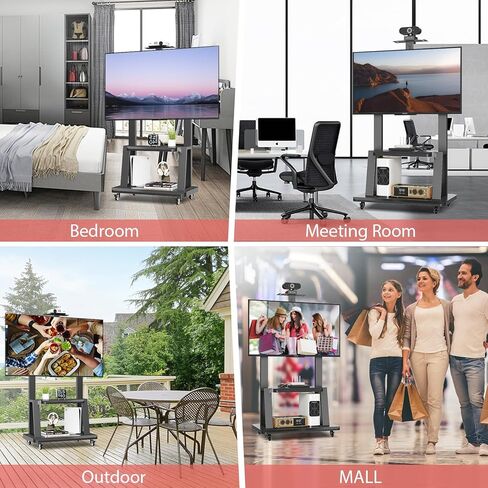 حامل تلفزيون متحرك لعربة التلفزيون المحمولة لشاشات مسطحة أو منحنية مقاس 32 إلى 75 بوصة، حامل تلفزيون قابل للتعديل لعربة التلفزيون المحمولة مع رف AV ورف الكاميرا يتحمل ما يصل إلى 220 رطلًا بحد أقصى VESA 600x400 مم in Kuwait