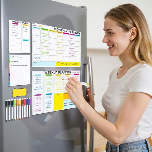 4 Pack Dry Erase Calendar for Fridge, 16.5 x 12 Monthly & Weekly & Daily Chore Chart, Planning Whiteboard with 10 Markers and Eraser, Use for Refrigerator Wall Door- Shopping, Meal/Menu, to Do List in Saudi Arabia