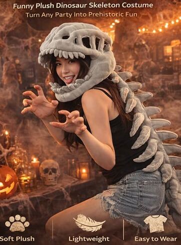 Dinosaur Skeleton Plush Costume for Adults, Funny Halloween Dino Bone Head & Back Set, Soft Cosplay Party Outfit (MINI:30IN) in Saudi Arabia