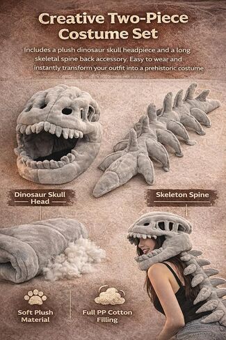 Dinosaur Skeleton Plush Costume for Adults, Funny Halloween Dino Bone Head & Back Set, Soft Cosplay Party Outfit (MINI:30IN) in Saudi Arabia