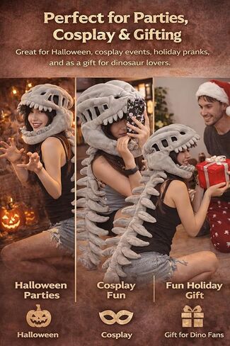 Dinosaur Skeleton Plush Costume for Adults, Funny Halloween Dino Bone Head & Back Set, Soft Cosplay Party Outfit (MINI:30IN) in Saudi Arabia