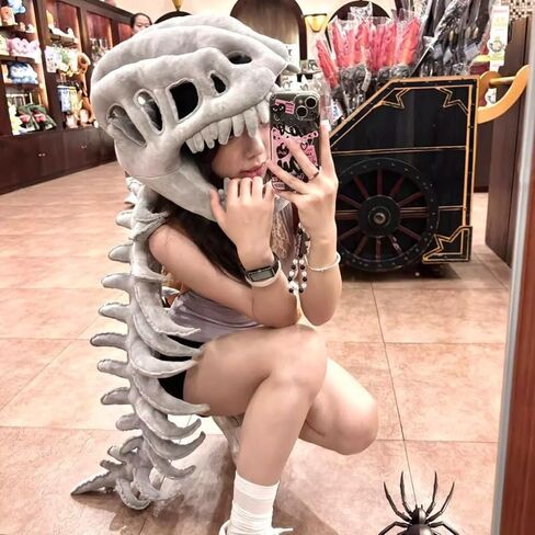 Dinosaur Skeleton Plush Costume for Adults, Funny Halloween Dino Bone Head & Back Set, Soft Cosplay Party Outfit (MINI:30IN) in Saudi Arabia
