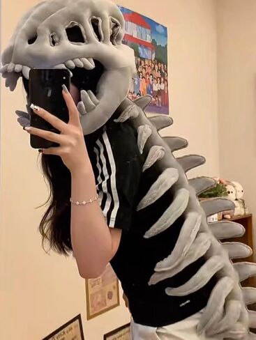Dinosaur Skeleton Plush Costume for Adults, Funny Halloween Dino Bone Head & Back Set, Soft Cosplay Party Outfit (MINI:30IN) in Saudi Arabia