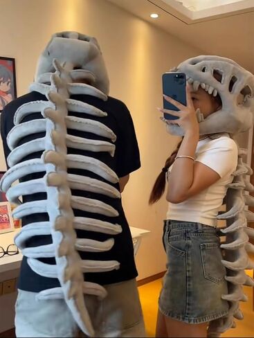 Dinosaur Skeleton Plush Costume for Adults, Funny Halloween Dino Bone Head & Back Set, Soft Cosplay Party Outfit (MINI:30IN) in Saudi Arabia