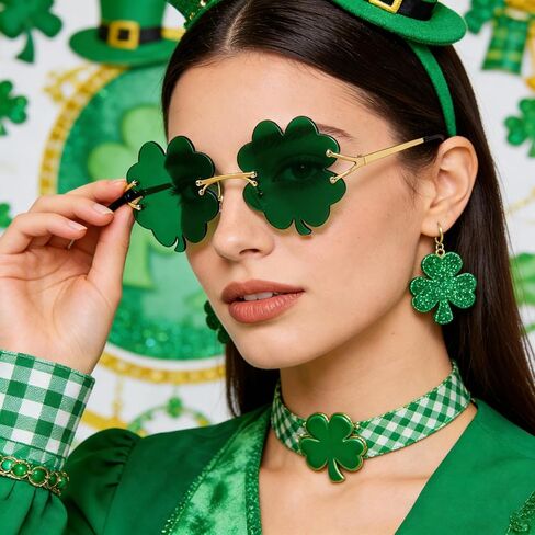 نظارات شمس عيد القديس باتريك الأيرلندية شامروك، نظارات زي ليبرشون باللون الأخضر بأربع أوراق البرسيم لتزيين الحفلات in Kuwait
