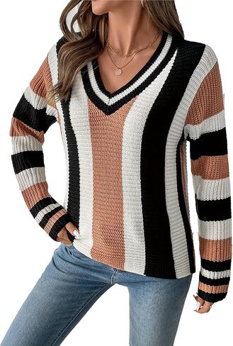 Women Cable Knit V Neck Stripe Loose Fit Sweater Casual Long Sleeve Winter Warm Trendy Outfits in Saudi Arabia