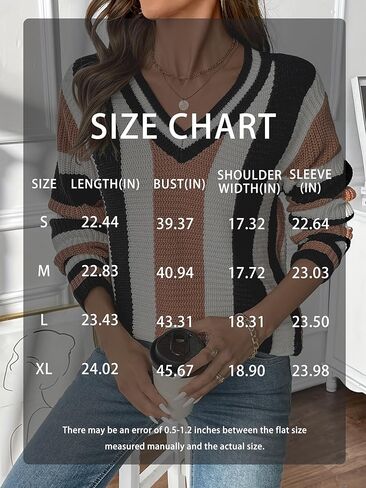 Women Cable Knit V Neck Stripe Loose Fit Sweater Casual Long Sleeve Winter Warm Trendy Outfits in Saudi Arabia