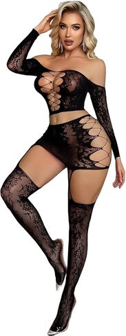 Lingerie Sets For Women Fishnet Bodysuit 2 Piece Fishnet BabyDoll Glow Party Club Outfits Garter Mini Skirt in Saudi Arabia
