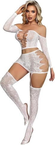 Lingerie Sets For Women Fishnet Bodysuit 2 Piece Fishnet BabyDoll Glow Party Club Outfits Garter Mini Skirt in Kuwait