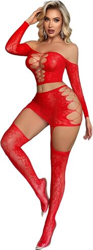 مجموعات الملابس الداخلية للنساء شبكة صيد السمك ارتداءها 2 قطعة شبكة صيد السمك BabyDoll Glow Party Club Outfits الرباط تنورة صغيرة in Kuwait