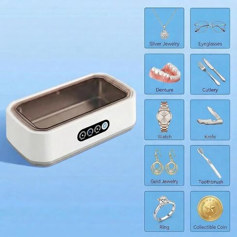 Ultrasonic Jewelry Cleaner Machine: 49KHz Ultrasonic Cleaner with 3 Cleaning Modes for Jewelry,Glasses,Rings,Watch Strap,Dentures,Retainers,Coins,Earring,650ML 304 Stainless Steel Tank(White) in Kuwait