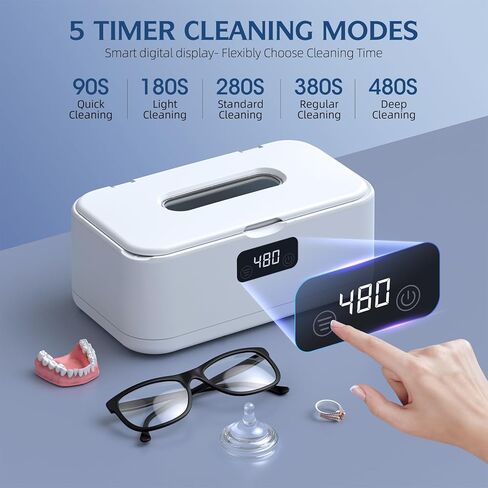 Ultrasonic Jewelry Cleaner, 50Khz Jewelry Cleaner Ultrasonic Machine for Jewelry, Eyeglasses, Rings, Watch Strap, Dentures, 24oz - 304 Stainless Steel Tank, Digital Timer, 5 Cleaning Modes(White) in Kuwait