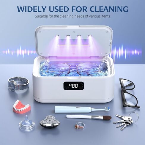 Ultrasonic Jewelry Cleaner, 50Khz Jewelry Cleaner Ultrasonic Machine for Jewelry, Eyeglasses, Rings, Watch Strap, Dentures, 24oz - 304 Stainless Steel Tank, Digital Timer, 5 Cleaning Modes(White) in Kuwait