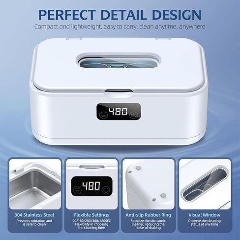 Ultrasonic Jewelry Cleaner, 50Khz Jewelry Cleaner Ultrasonic Machine for Jewelry, Eyeglasses, Rings, Watch Strap, Dentures, 24oz - 304 Stainless Steel Tank, Digital Timer, 5 Cleaning Modes(White) in Kuwait