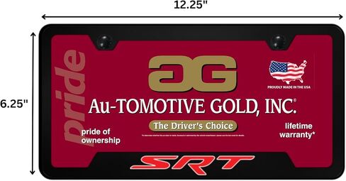 Au-TOMOTIVE GOLD, INC. شعار مطبوع بالأشعة فوق البنفسجية مرخص رسميًا على إطار لوحة ترخيص من البولي كربونات الأسود لسيارة Dodge SRT in Saudi Arabia