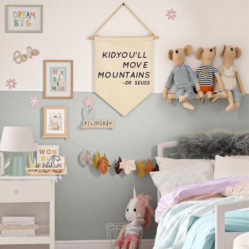 Kid, You'll Move Mountains-Nursery Wall Art Décor-Canvas Hanging Pennant Flag Banner Wall Sign Decor Gift for Kids Boy Girl Teen Nursery Bedroom Game Room Playroom Front Door-Birthday Christmas Gift in Kuwait