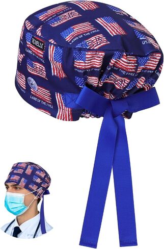 American Flag Scrub Caps for Men and Women with Buttons, Euro Style Surgical Hats, Adjustable and Breathable Patriotic Scrub Caps for Long or Short Hair in Kuwait