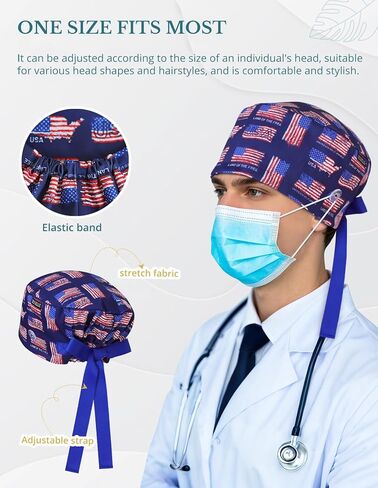 American Flag Scrub Caps for Men and Women with Buttons, Euro Style Surgical Hats, Adjustable and Breathable Patriotic Scrub Caps for Long or Short Hair in Kuwait