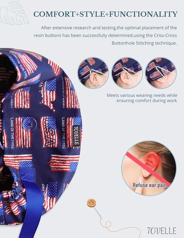 American Flag Scrub Caps for Men and Women with Buttons, Euro Style Surgical Hats, Adjustable and Breathable Patriotic Scrub Caps for Long or Short Hair in Kuwait