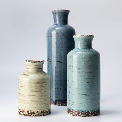 Vintage Ceramic Flower Vase Set of 3, Rustic Farmhouse Vase for Home Decor, Distressed Decorative Vase for Table Entryway Mantel Centerpiece Living Room Bathroom Bedroom (Crackle Blue & White) in Saudi Arabia