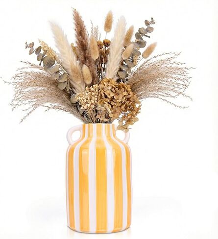 Checkered Ceramic Vase for Flower Bouquet Decorative, Funky Yellow and White Vase with Handles, Modern Striped Small Vases for Kitchen Checkered Decor and Home Mantle Bookshelf Table Centerpiece in Saudi Arabia
