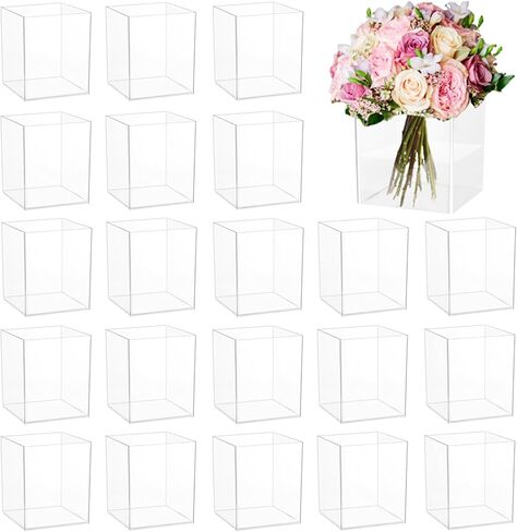 24 Pack Acrylic Vases for Centerpiece, Acrylic Cube Plastic Flower Vase Bulk Succulent Pots Planters Clear Small Square Opening Plastic Vases for Centerpiece Wedding Party Home Office, 4 x 3 x 3 Inch in Kuwait