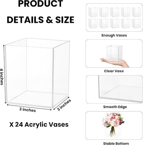 24 Pack Acrylic Vases for Centerpiece, Acrylic Cube Plastic Flower Vase Bulk Succulent Pots Planters Clear Small Square Opening Plastic Vases for Centerpiece Wedding Party Home Office, 4 x 3 x 3 Inch in Kuwait