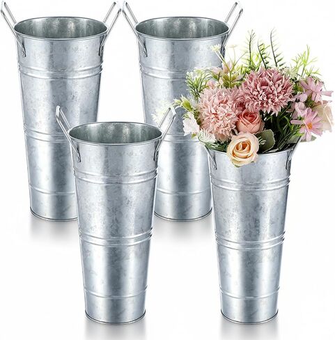 4Pcs Galvanized Metal Vases, 10 Inch Farmhouse French Flower Bucket Vases with Handles, Rustic Tall Flower Buckets for Home Decor and Wedding, Table Centerpiece Decorations in Kuwait