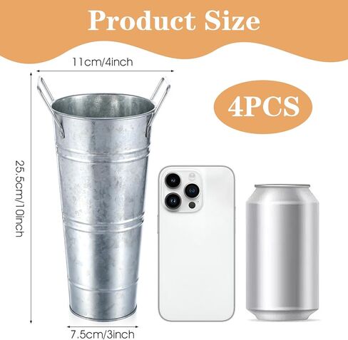 4Pcs Galvanized Metal Vases, 10 Inch Farmhouse French Flower Bucket Vases with Handles, Rustic Tall Flower Buckets for Home Decor and Wedding, Table Centerpiece Decorations in Kuwait