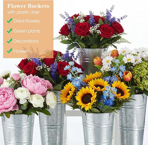 4Pcs Galvanized Metal Vases, 10 Inch Farmhouse French Flower Bucket Vases with Handles, Rustic Tall Flower Buckets for Home Decor and Wedding, Table Centerpiece Decorations in Kuwait