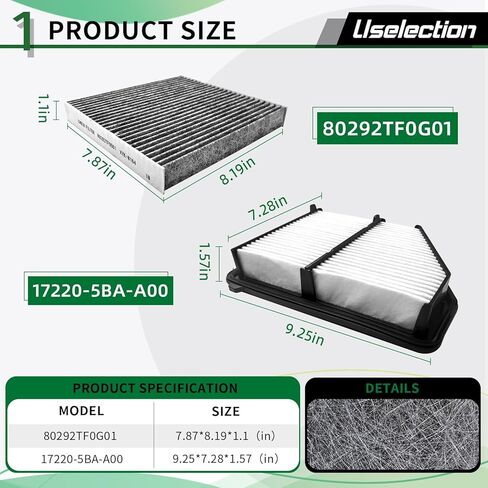 Cabin Engine Air Filter W/Activated Carbon Kit for Civic (2016-2025), HR-V (2023-2025). Replaces 17220-5BA-A00 CA12051 80292-TF0-G01 CF11182 (NOT FOR 1.5L/Turbo Eng, Civic Hatchback/Type R) in Kuwait
