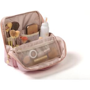 Large Standing Makeup Bag, Sturdy PU Leather Cosmetic Organizer with Fold-Down Phone Tray, Waterproof Travel Toiletry Case with Wipeable TPU Brush Holder, 9.5 Inch, Pink in Saudi Arabia