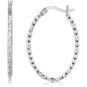 Sterling Silver(2x25mm) Ornate Textured Diamond Rhodium Plated Cut Oval Motif Women Hoop Earrings for Wedding, Engagement, Anniversary, Party, Daily Wear & Christmas gift for her. in Saudi Arabia