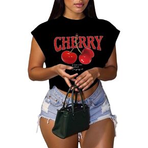 تي شيرت نسائي من WDIRARA مقاس كبير برسومات حروف الكرز ورقبة دائرية وأكمام دولمان in Kuwait