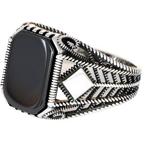 Men’s Silver-Plated Stainless Steel Onyx Ring – Black Onyx Cushion Signet, Geometric Chevron Band with Square Accent, Vintage Statement Ring, Tarnish-Resistant Comfort Fit in Kuwait