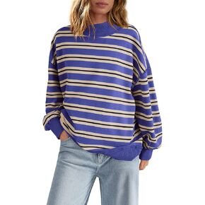 Panadila Women Striped Long Sleeve Shirt Oversized Mock Neck Sweatshirt Turtleneck Tops Casual Pullover Top (Bright Blue Beige Combo,XL) in Saudi Arabia
