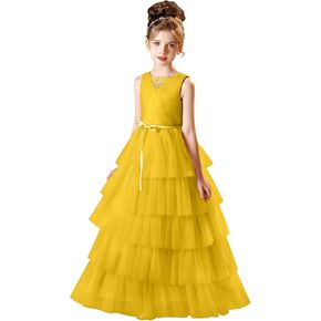 Layered Tulle Flower Girl Dress for Wedding Girls Pageant Dresses with Beads Long First Communion Dress with Belt in Kuwait
