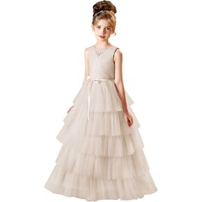 فستان فتاة الزهور من التول ذو طبقات لفساتين حفلات الزفاف للفتيات مع الخرز، فستان طويل للمناولة الأولى مع حزام in Kuwait