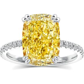 Yellow Stone Ring Cushion Cut 4.5 Carat Cubic Zirconia, 18K White Gold Plated Sterling Silver Engagement Ring for Women, 5A CZ Pavé Band Promise Ring in Kuwait