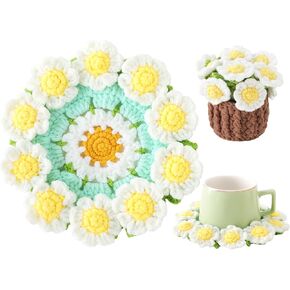 Flower Crochet Coasters, Handmade Bouquet Blanket Coaster with Crochet Plant Pot Fun Soft Decorative Drink Coasters for Coffee Tabletop Protection and Home Decor (Pink, 1Pc) in Kuwait