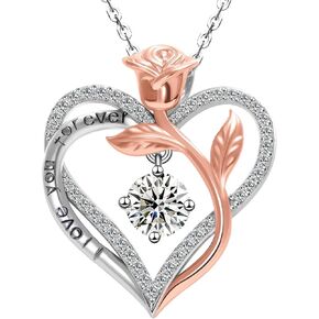 S925 Sterling Silver Necklace for Women, Rose Heart Pendant 18K Gold Plated, 1CT Moissanite, Gift for Wife Mom Daughter, Valentine's Day Anniversary Engraved in Saudi Arabia