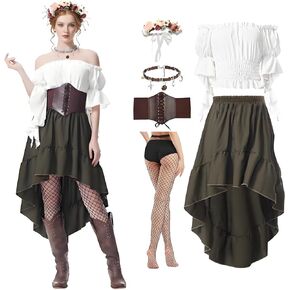 Renaissance Dress Women Medieval Costume Ren Faire Outfit with Flower Crown Necklace Corset Belt for Halloween Cosplay in Kuwait