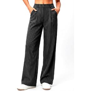 Women's High Waisted Pinstripe Wide Leg Pants, Flowy & Stretchy Dress Pants, Casual Work Trousers with Pockets in Kuwait