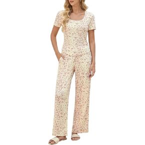 Pajamas for Women Set Lace Trim U Neck Short Sleeve T-Shirt & Long Pants with Pockets Ribbed Knit 2 Piece Lounge Sets in Saudi Arabia