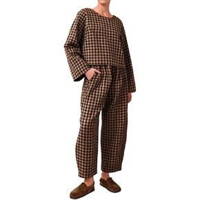 طقم صالة نسائي مكون من قطعتين بأكمام طويلة منقوش بلوزات قصيرة عالية الخصر وفضفاضة عند الكاحل مع جيوب in Kuwait