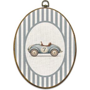 Vintage Race Car Nursery Wall Art Decor, Boy Nursery Framed Canvas Prints 8.6x11.4, Blue Striped Classic Race Car Oval Wall Hanging Artwork Decorations for Kids Boys Room Bedroom Playroom in Saudi Arabia