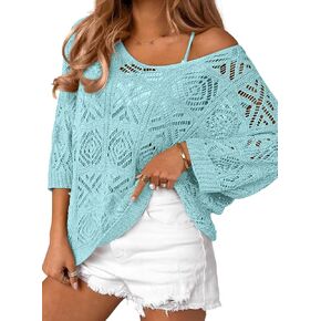 ATHMILE Off The Shoulder Tops for Women Summer Crochet Hollow Out 3/4 Sleeve Pullover Sweater Beach Cover up Vacation Clothes in Kuwait