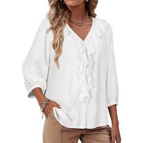 Womens Boho Ruffle V-Neck Blouse 3/4 Puff Sleeve Button Down Tops Business Casual Flowy Office Shirts in Kuwait